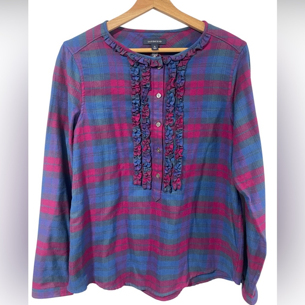 Lands End Red Tartan Plaid Flannel Ruffle long sleeve Shirt